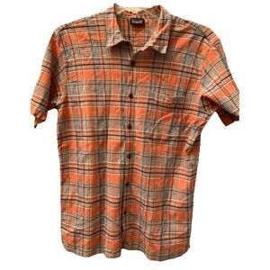 Patagonia Men's Med Organic Cotton Short Sleeve Button Shirt Plaid Orange Gray